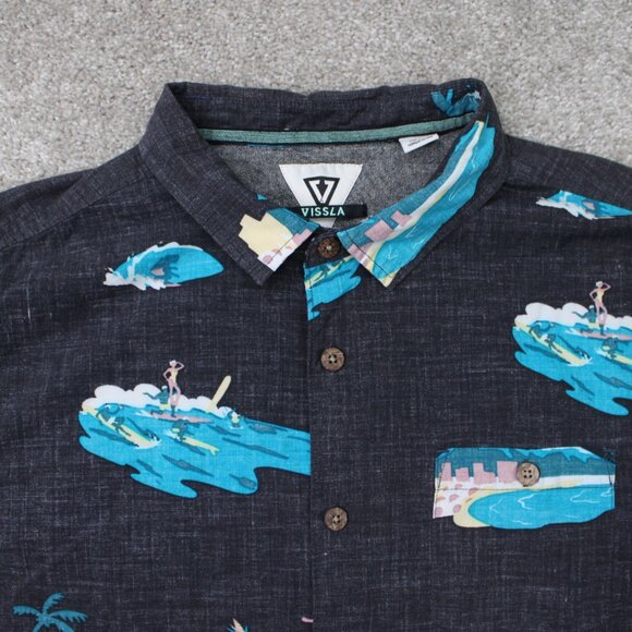 Vissla Waikikooks Shirt Mens XL Black/Blue Beach Print Cotton/Viscose S/S Button - Picture 5 of 14